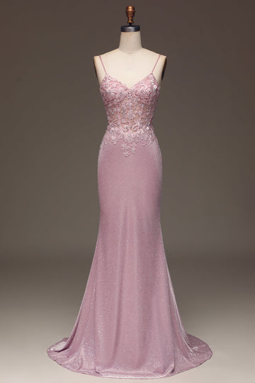 Glitter Mermaid Blush Spaghetti Straps Long Prom Dress with Beading